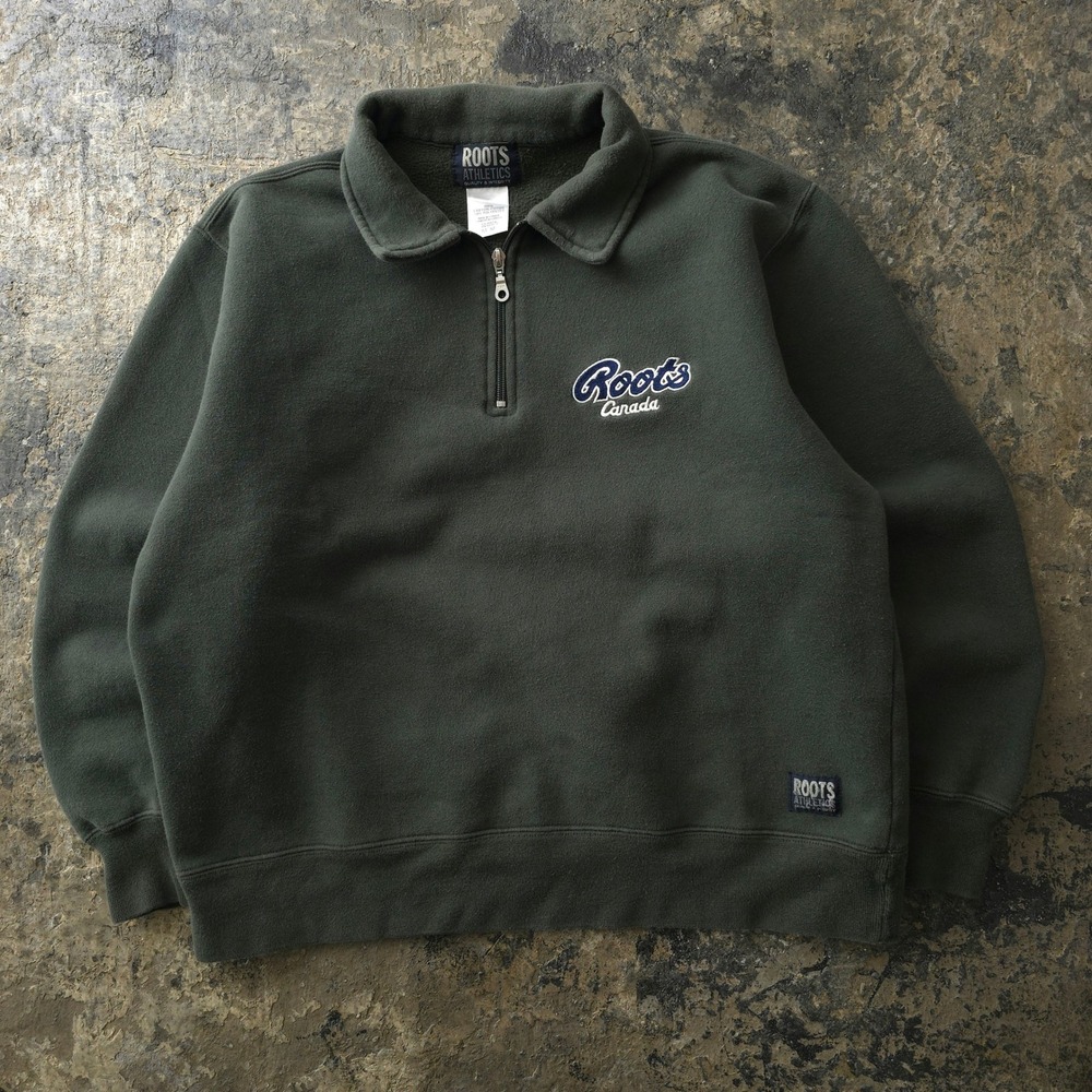 Vintage 90s Roots Green Quarter Zip Pullover Size Medium Canada Athletics